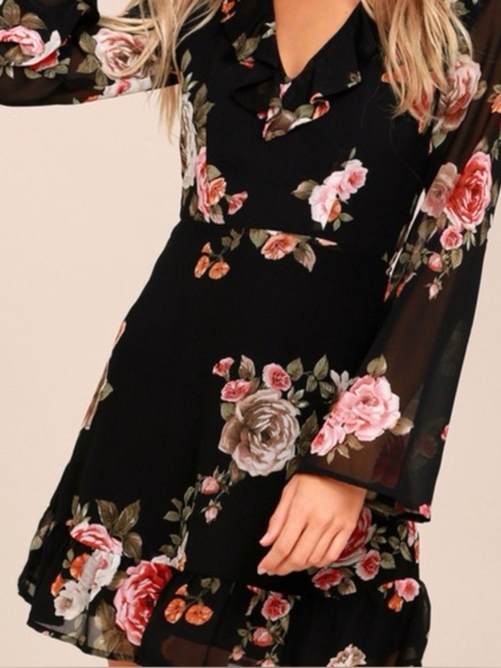 Lulus Black Floral Ruffle Long Sleeve Dress Size Large NWT